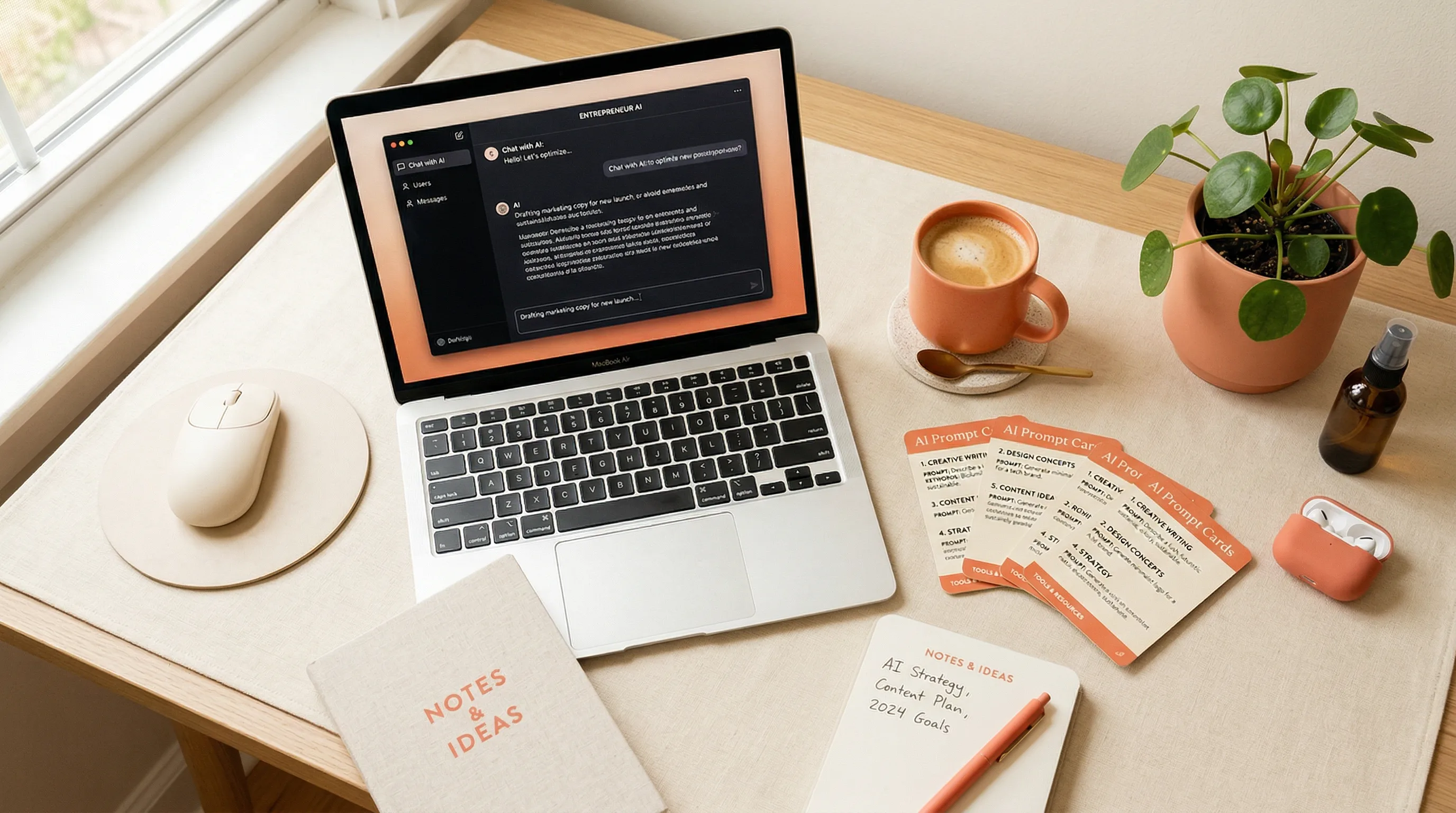 AI business toolkit workspace with prompt cards, laptop showing AI interface, notebook, and coffee — warm, modern aesthetic